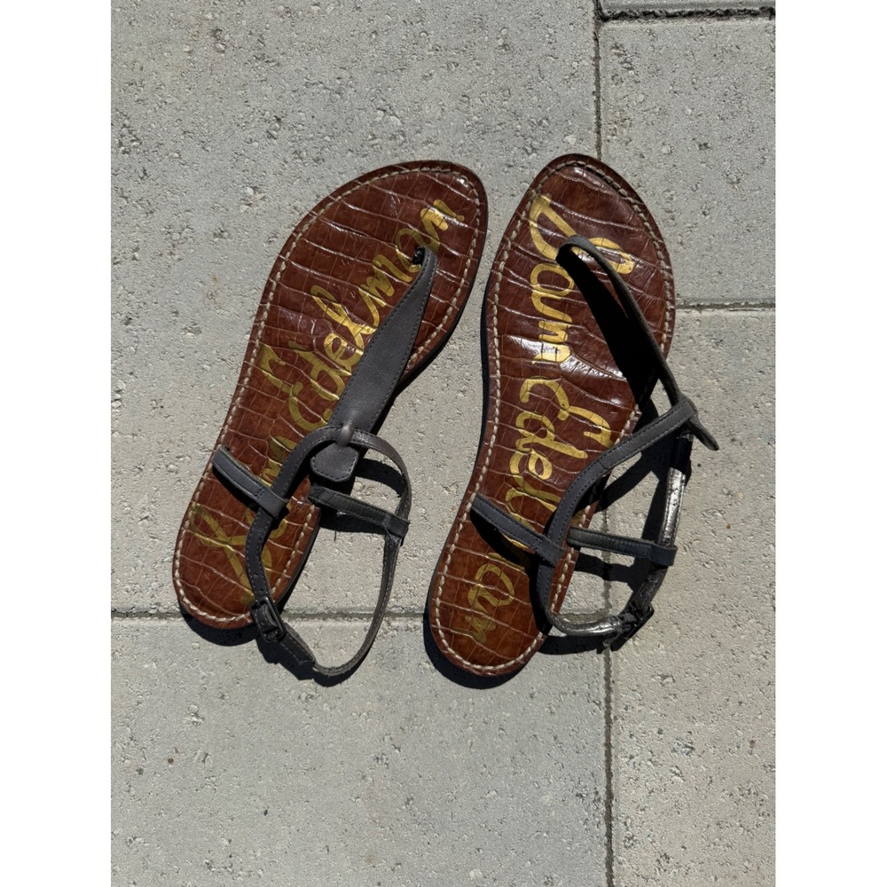 Sam Edelman Gigi Metallic Pewter Leather Thong Sandals Womens 8M Croc Embossed